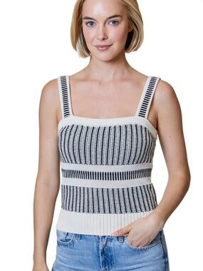 Design History Women’s Cream and Black Knit Tank Top Classic Striped Boho Top L